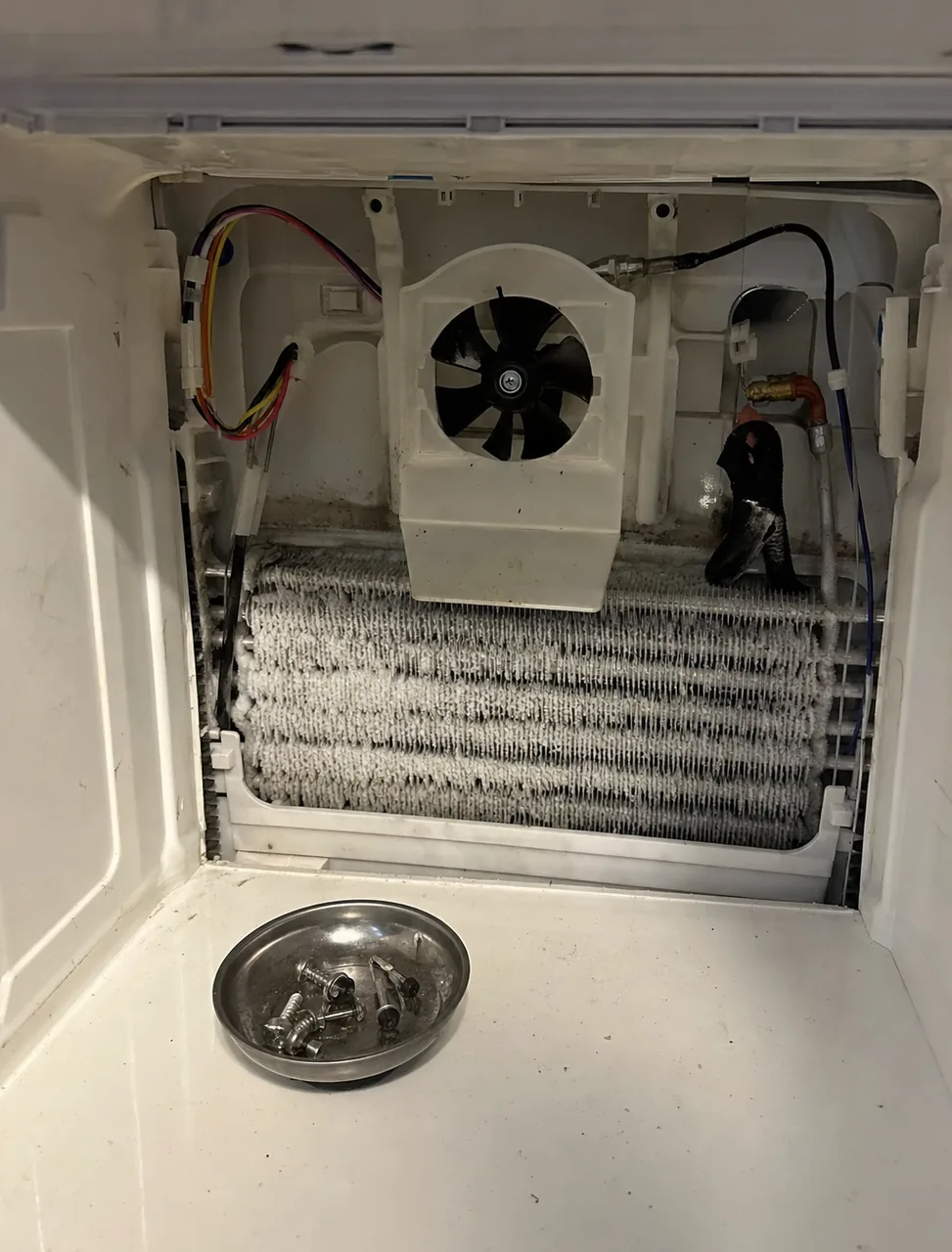 An evaporator coil buried in frost behind an opened rear panel, the evaporator fan running in a white housing above it.
