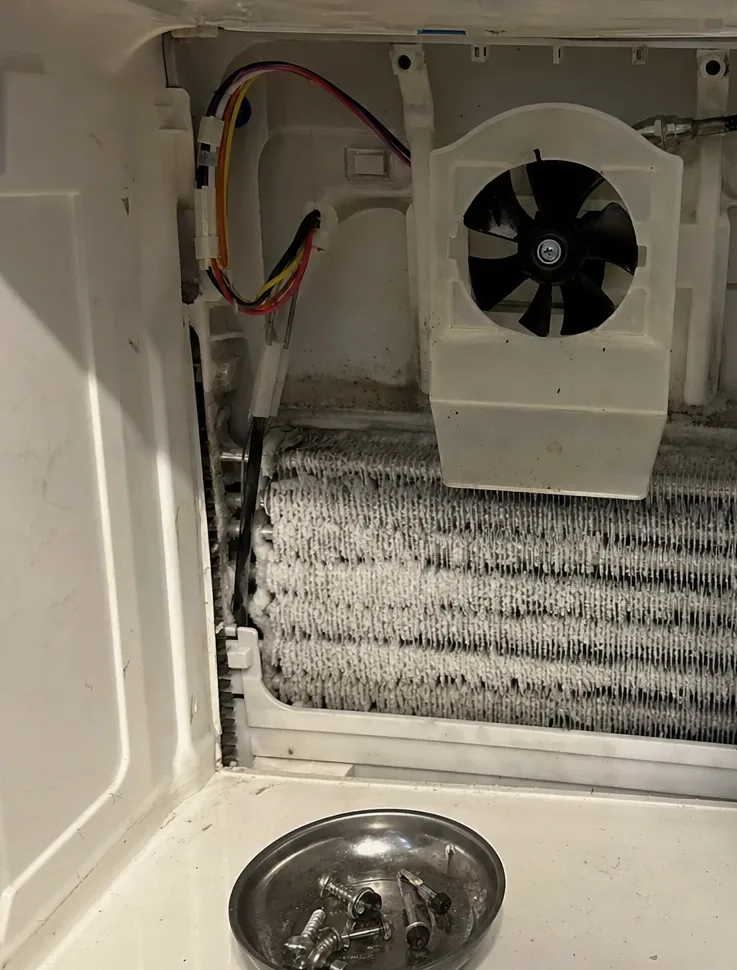 A frosted evaporator coil and its fan housing seen through the opening left by a removed rear panel.