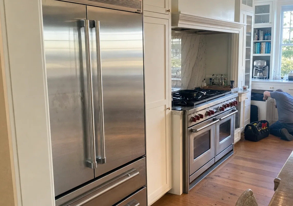 A stainless refrigerator door and a run of cabinets, with a technician working on the floor beside a base unit at the far end of the room.