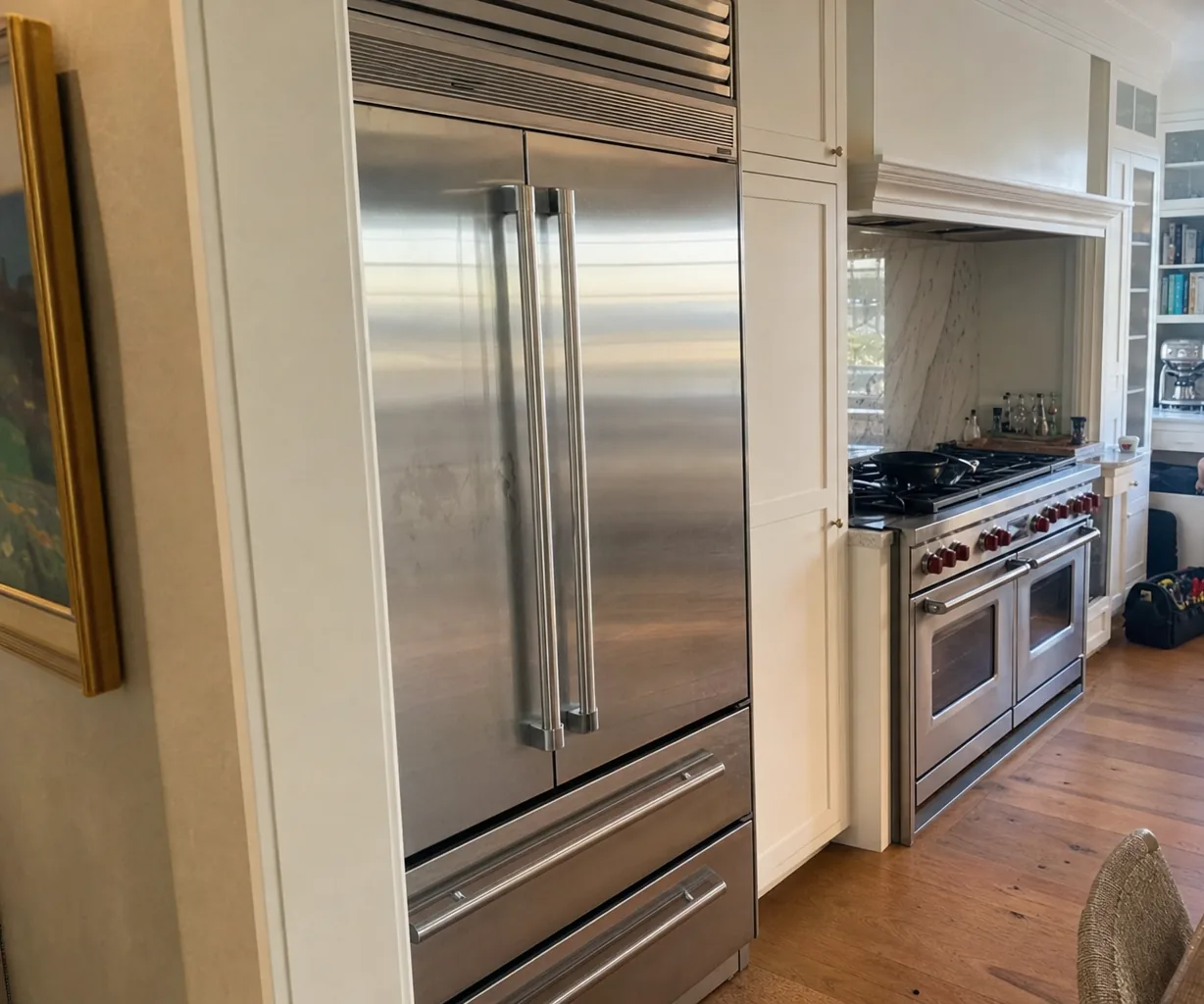 A stainless built-in refrigerator with French doors, two freezer drawers and a louvered grille across the top, framed by cream cabinetry beside a range.